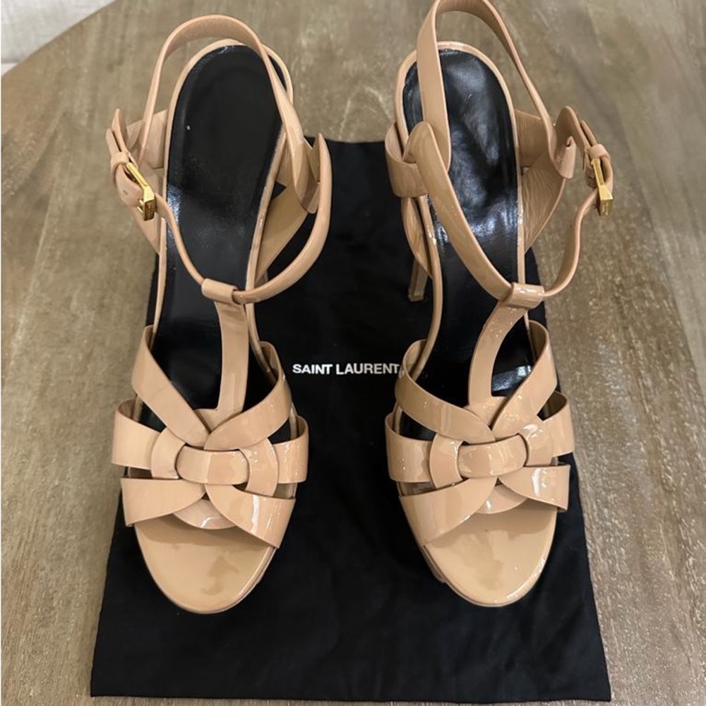 YSL Patent Leather T-strap heels -Tan 42 EU